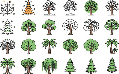 Seasonal tree icon set, black line style, cartoon foliage symbols, vector illustration, nature graphics, forest pack, educational design bundle