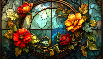 Stunning Stained Glass Window Artwork: A Symphony of Floral Beauty, Floral Stained Glass: Captivating Imagery of Flowers and Vines in Artistic Light