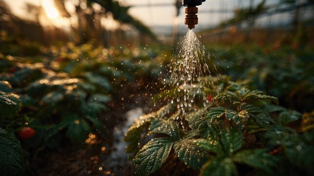 Water spray irrigates strawberry plants in a greenhouse at sunset - Powered by Adobe