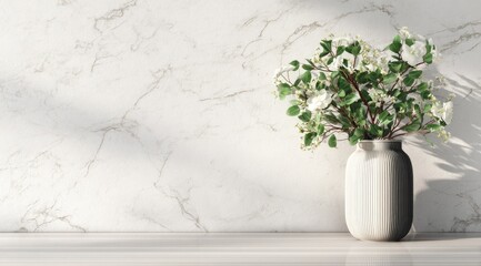 Simple elegance. White vase with flowers, marble backdrop