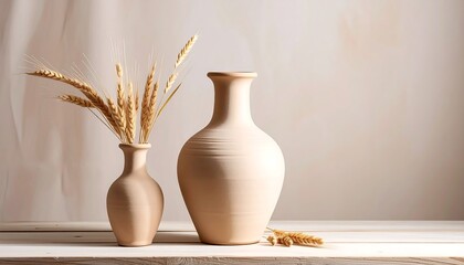 Two light beige pottery vases with wheat stalks