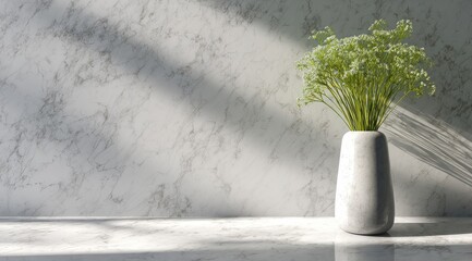 A minimalist vase with small, light green flowers against a marble backdrop. Sunlight casts subtle shadows