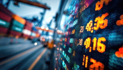 Stock ticker board at port, blurred background