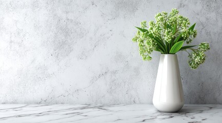 White vase with small, light green flowers on a marble surface against a light gray textured wall