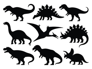 Silhouette vector set of popular dinosaur species in dynamic poses isolated on white background