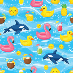 Obraz premium Playful summer pattern featuring floating animals and tropical drinks in water, patern seamless, Stock royalty free.