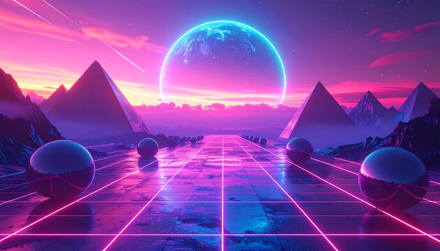 Synthwave - Inspired Digital depicting a Futuristic Landscape pyramid , glowing Neon Lines
