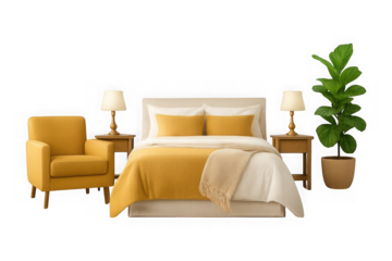 Cozy bedroom set yellow armchair bedside lamps potted plant interior design furniture transparent background