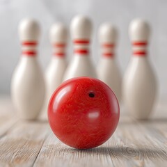 A red bowling ball positioned in front of a row of white bowling pins on a light wooden surface