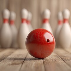 Red bowling ball on wooden lane, pins in soft focus