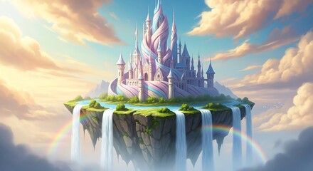 Majestic fairytale castle floating among the clouds with waterfalls cascading into a vibrant rainbow creating an ethereal fantasy landscape.