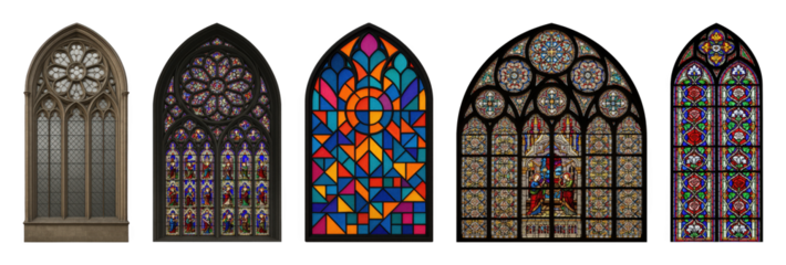 Stained glass window set including gothic, abstract, religious, floral, and rose patterns isolated. Architectural elements and historical decor.