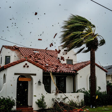 Natural disaster showcases a house&rsquo;s tiled roof is partially spinning violently through the air, caught in the powerful windstorm while a nearby palm tree dramatically bends against overcast sky