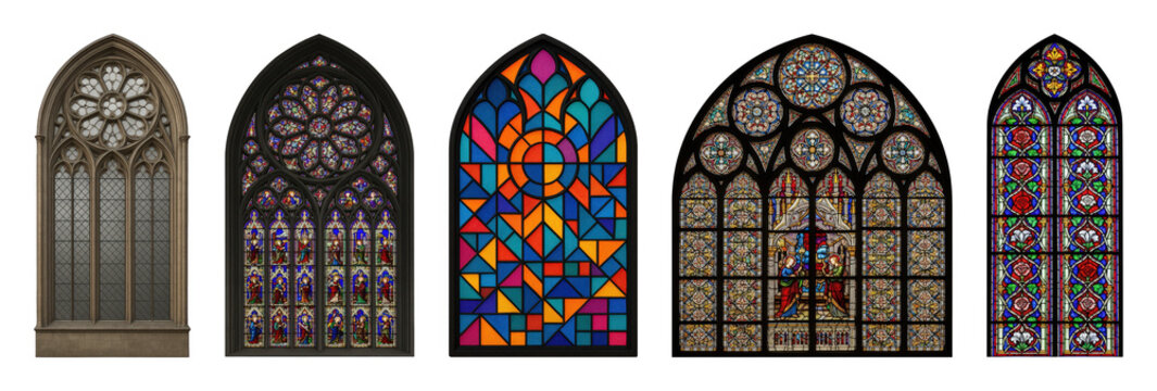 Stained glass window set including gothic, abstract, religious, floral, and rose patterns isolated. Architectural elements and historical decor.