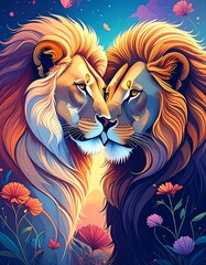 Two lions, close, vibrant colors