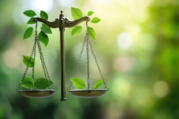 Environmental law concept with balance scale and green leaves growing on a blurred background