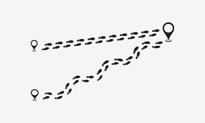 Footprint path with location pin icons. Human footsteps trail showing start and destination points. Concept of journey, travel, navigation, direction, and route planning