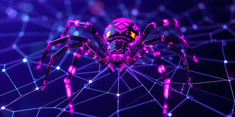 Neon cyber spider weaves digital web background. Purple techno 3d insect creates glowing generative AI network to protect and hack system
