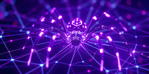 Neon cyber spider weaves digital web background. Purple techno 3d insect creates glowing generative AI network to protect and hack system
