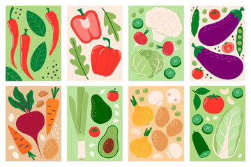 Vegetables illustration set. Culinary ingredients, organic food products, agricultural harvest. Poster for supermarket, kitchen, restaurant. Hand drawn flat vector illustration