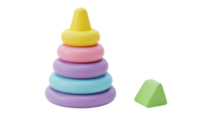 A colorful stacking ring toy with a yellow cone top and pastel colored rings next to a green pyramid block isolated on white background