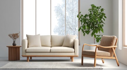 Light-filled modern living room with beige sofa and armchair,  wintery view