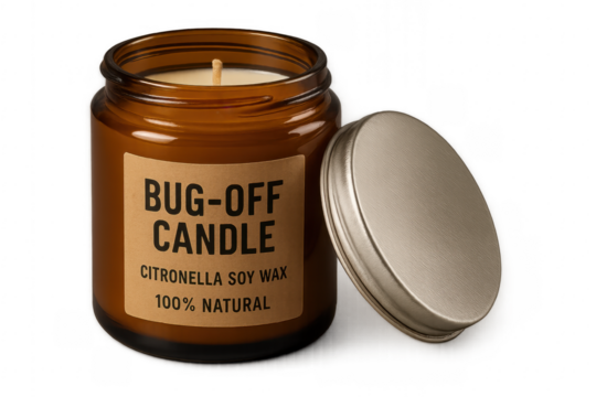 Citronella bug off candle with open lid on transparent background