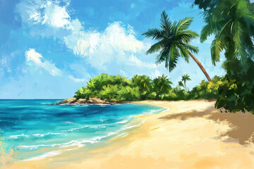Obraz premium Tropical beach with palm trees and turquoise water inviting to relax