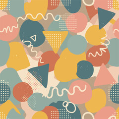 Playful abstract shapes pattern with circles triangles and dots design vector, seamless pattern, Stock royalty free image.