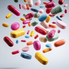 Colorful pills levitating in mid-air against a light background