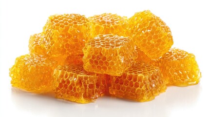Honeycomb cubes piled high on a white background