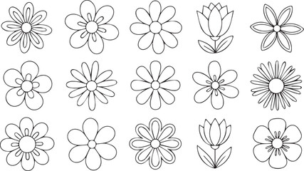 Vector art of collection of fifteen flower outlines