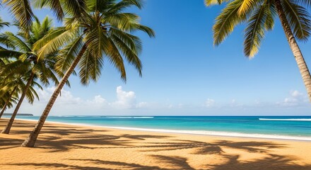 Obraz premium Tropical Beach Paradise: Azure Sea, Palm Trees, Golden Sand