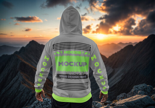 Hoodie Mockup Standing on Mountain Peak at Sunset