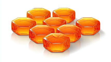 A cluster of glossy, orange hexagonal candies