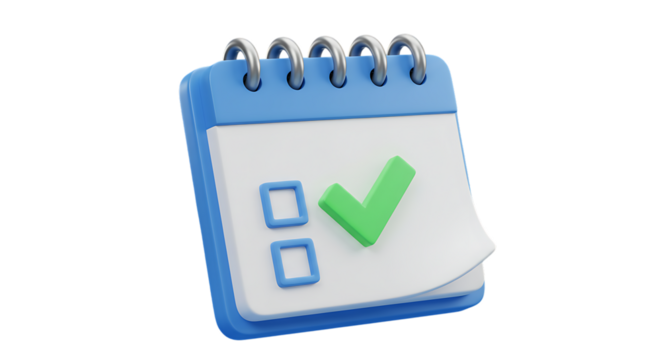 A 3d illustration of a blue spiral bound notepad with a green checkmark and to do list checkboxes isolated on white background