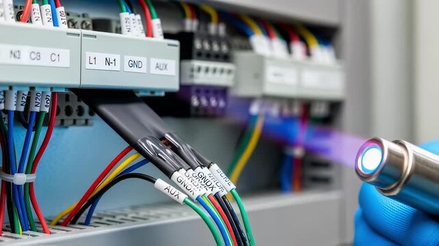 Heatshrink tubing being applied over labeled wires in control panel assembly captured in a clean medium frame emphasizing insulation and durability.