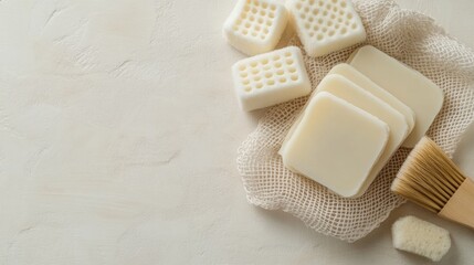 Natural soap bars are arranged in a mesh bag alongside facial brushes on a soft grey backdrop, highlighting a clean and fresh beauty routine