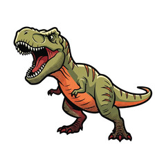 Obraz premium Vintage-style illustration of an angry T-Rex with green and orange hues on a clean white background.