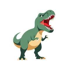 Fototapeta premium A vintage-style illustration of an angry T-Rex with a green and yellow body, standing in a powerful stance against a clean white background.