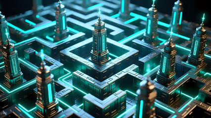 Maze-like grid of metallic towers with neon paths of light, endless depth effect.