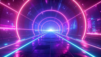 Fototapeta premium Captivating 3D Rendering a Futuristic Tunnel Bathed Vibrant Pink Blue Neon Lights