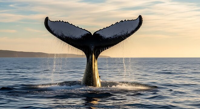 Humpback Whale Tail Fluke Diving in Ocean at Sunset. - Powered by Adobe