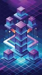 Futuristic data server concept with isometric illustration depicting cloud computing and network infrastructure visualization