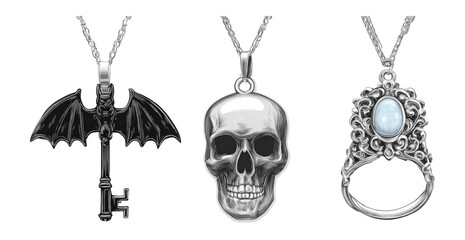 Intricate Jewelry Designs Featuring Bat Wing Pendant, Skull, and Ring