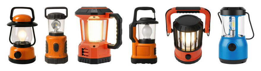 Naklejka premium Camping lantern set including various modern and classic styles isolated. Essential gear for outdoor adventures and emergencies.