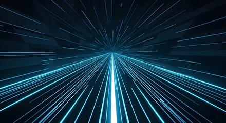 A vector illustration of a futuristic, abstract road at speed. Glowing blue neon light lines streak through the dark background, creating a dynamic sense of motion and advanced technology.