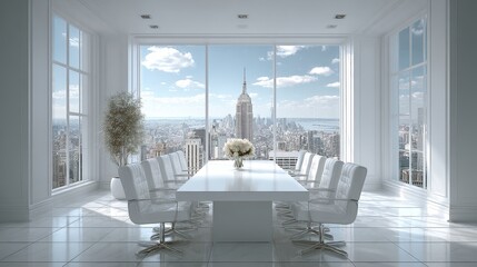 Expansive conference room boasting a spectacular view of the Empire State building and midtown Manhattan during daylight hours