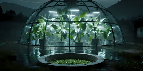 Illuminated Geodesic Dome Greenhouse with Plants at Night