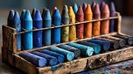 Fototapeta premium Colorful crayons and pastels in a rustic wooden holder
